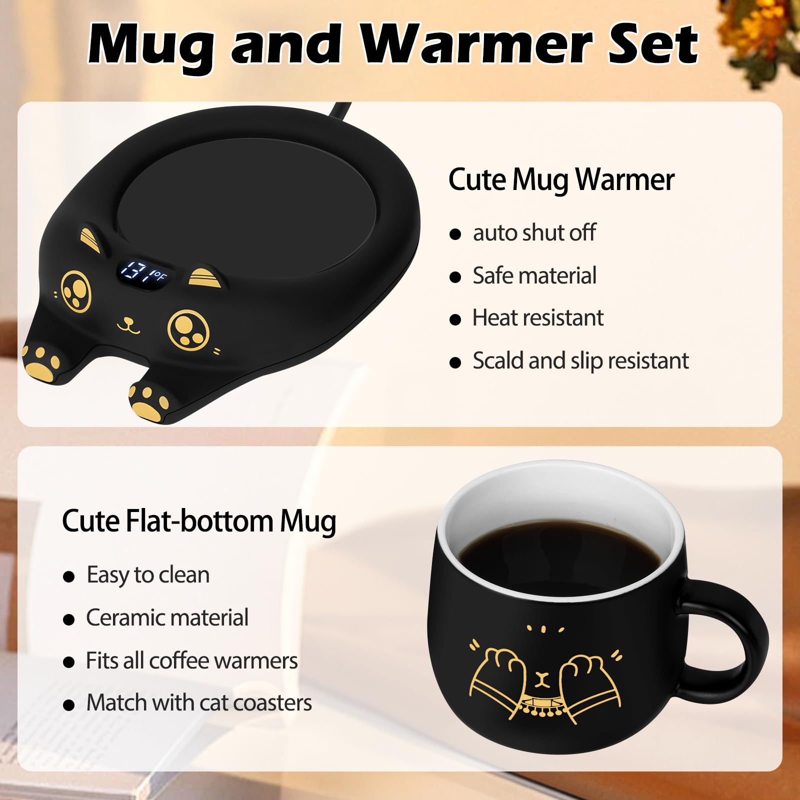 PUSEE Coffee Mug Warmer & Cute Cat Mug Set, Coffee Cup Warmer for